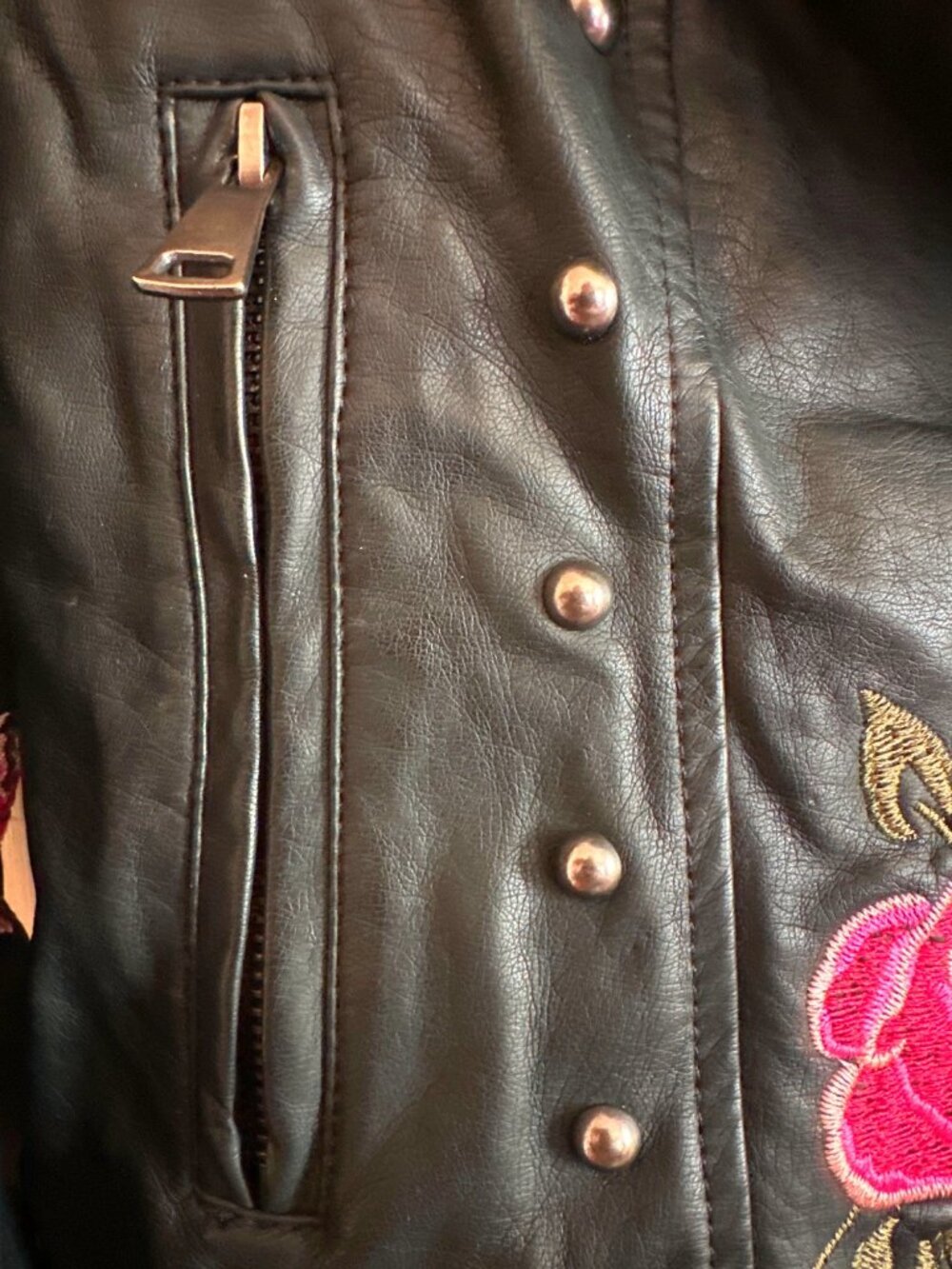 Hippie Laundry Large Black Faux Leather Moto Jacket Floral Embroidered Boho Edgy - Picture 7 of 15